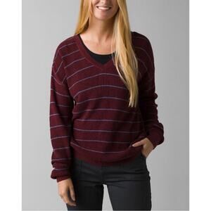 Prana Milani Women’s Wool Blend V-Neck Relaxed Sweater Burgundy Red Stripe